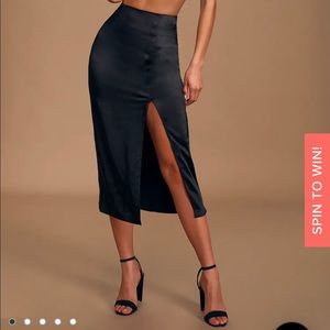 Lulus black satin high slit midi skirt size M